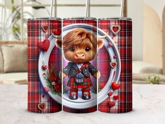 Cute Highland cow in kilt and jacket on tumbler wrap.