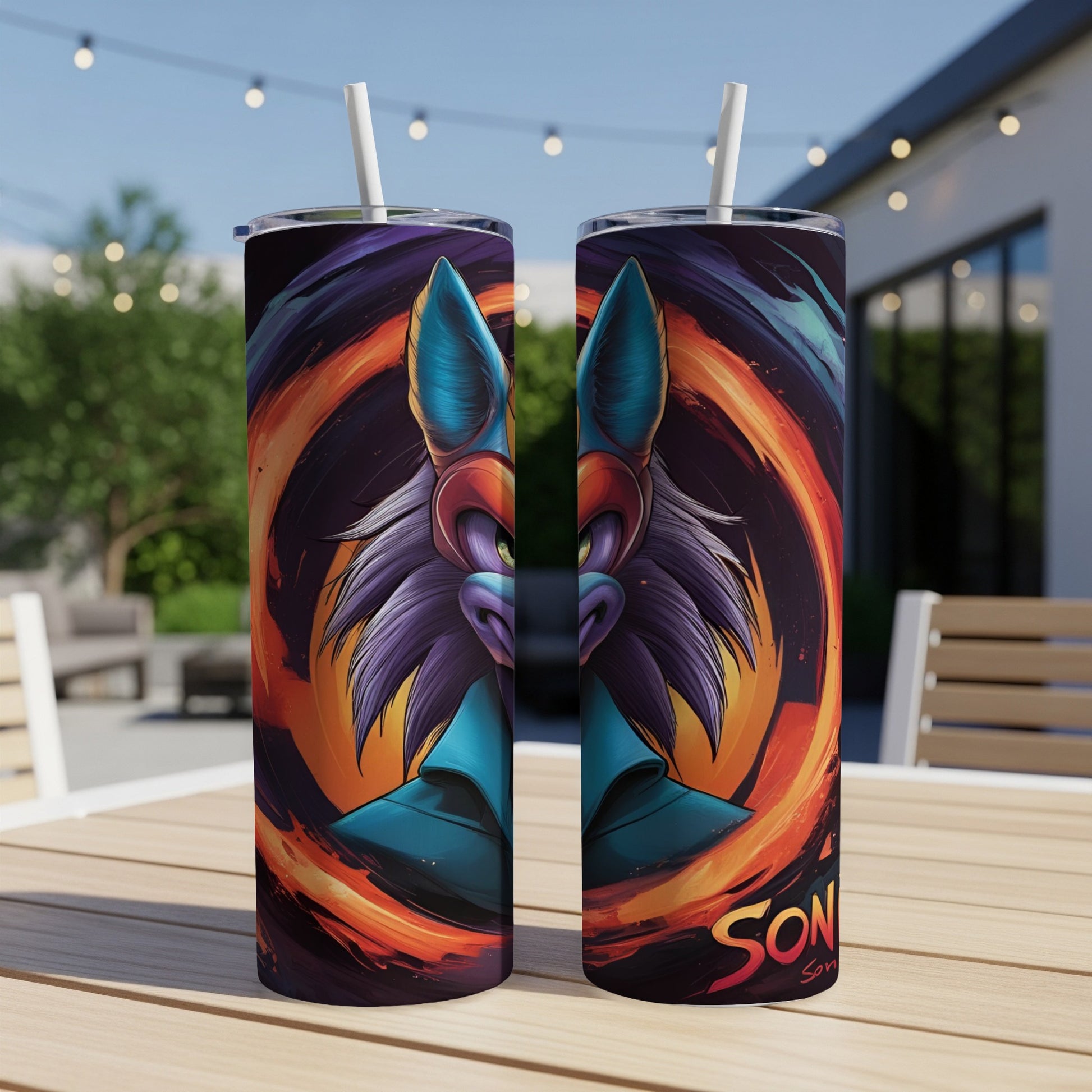 Sonic the Hedgehog character art on two tumblers with straws, outdoors.