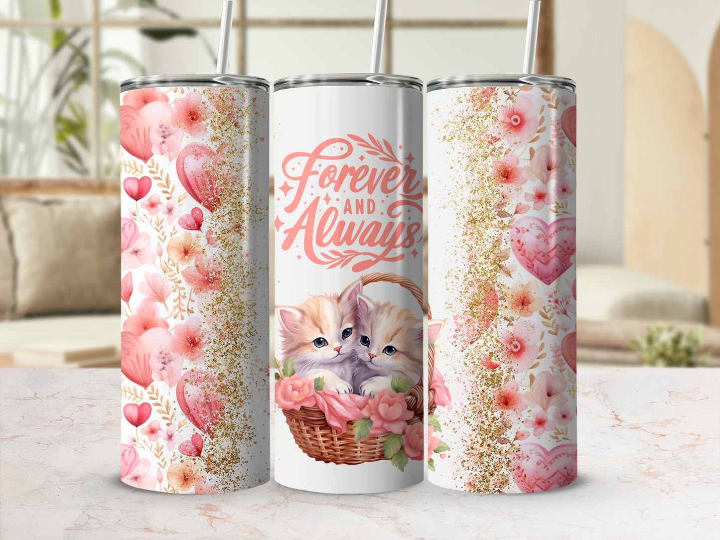 Cute Floral and Kitten Design Forever Always Tumbler