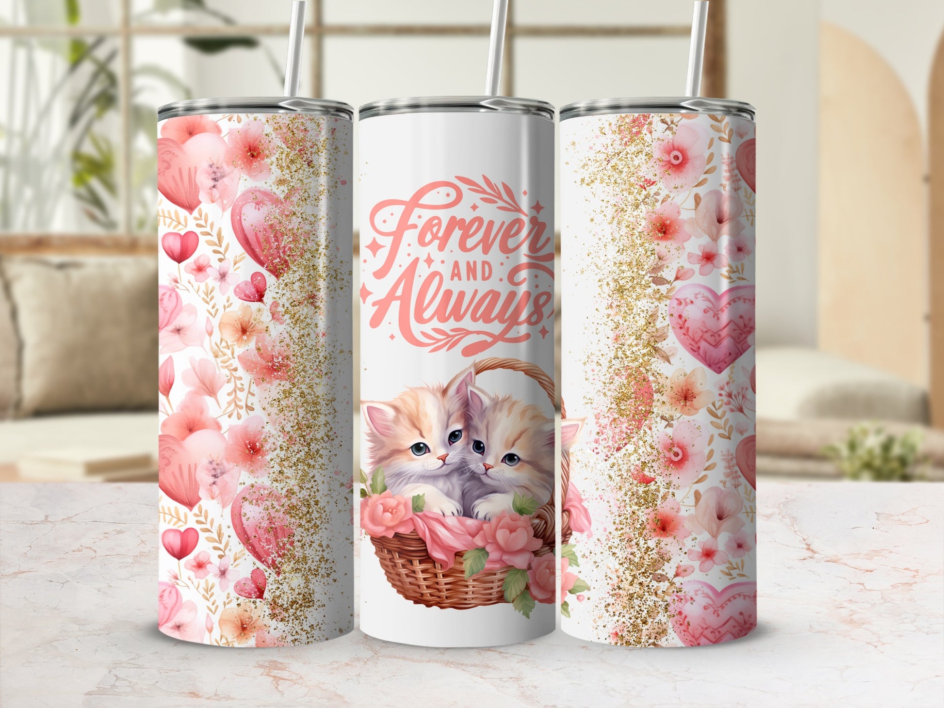 Cute Floral and Kitten Design Forever Always Tumbler