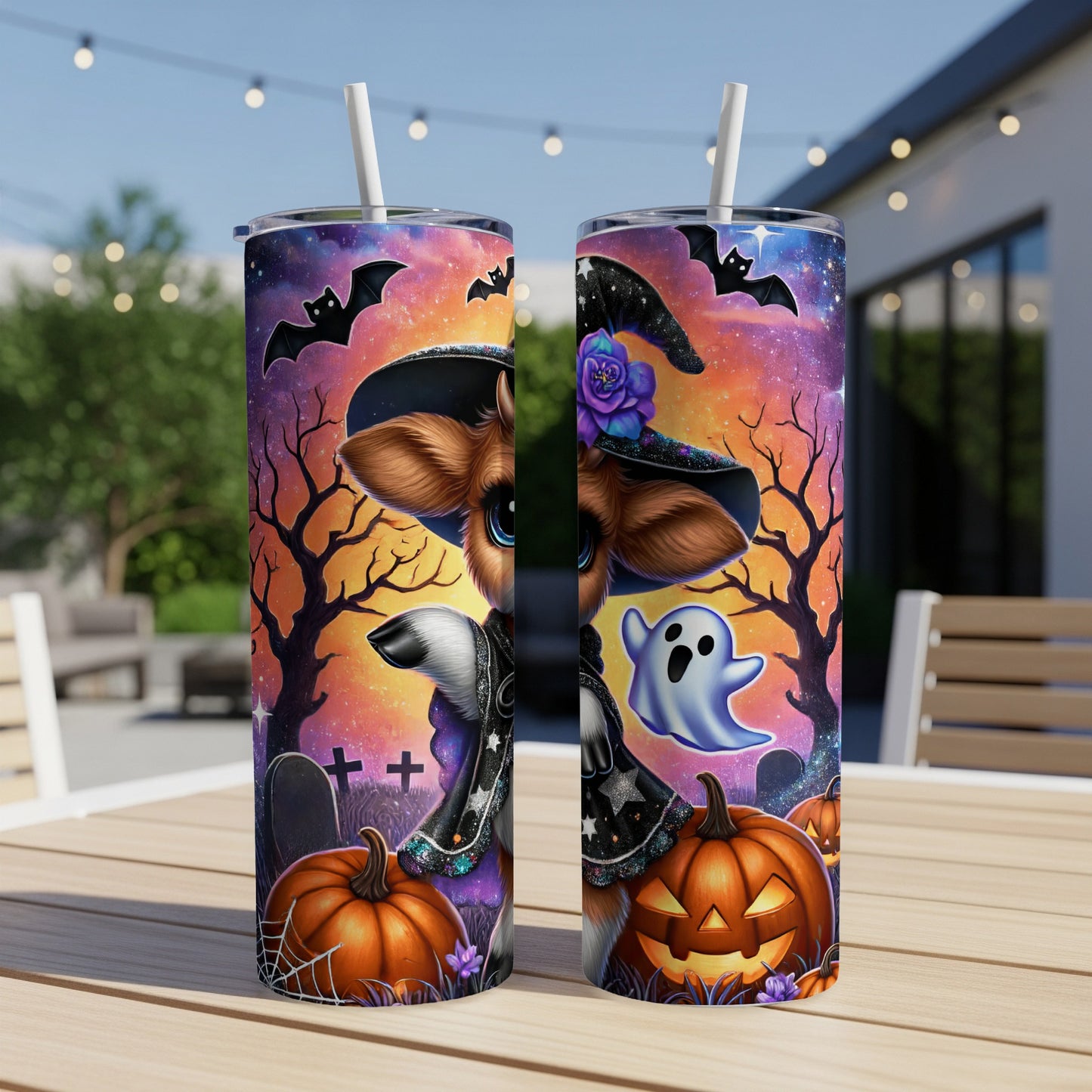 Two tumblers with a dog in a witch hat and Halloween scene.