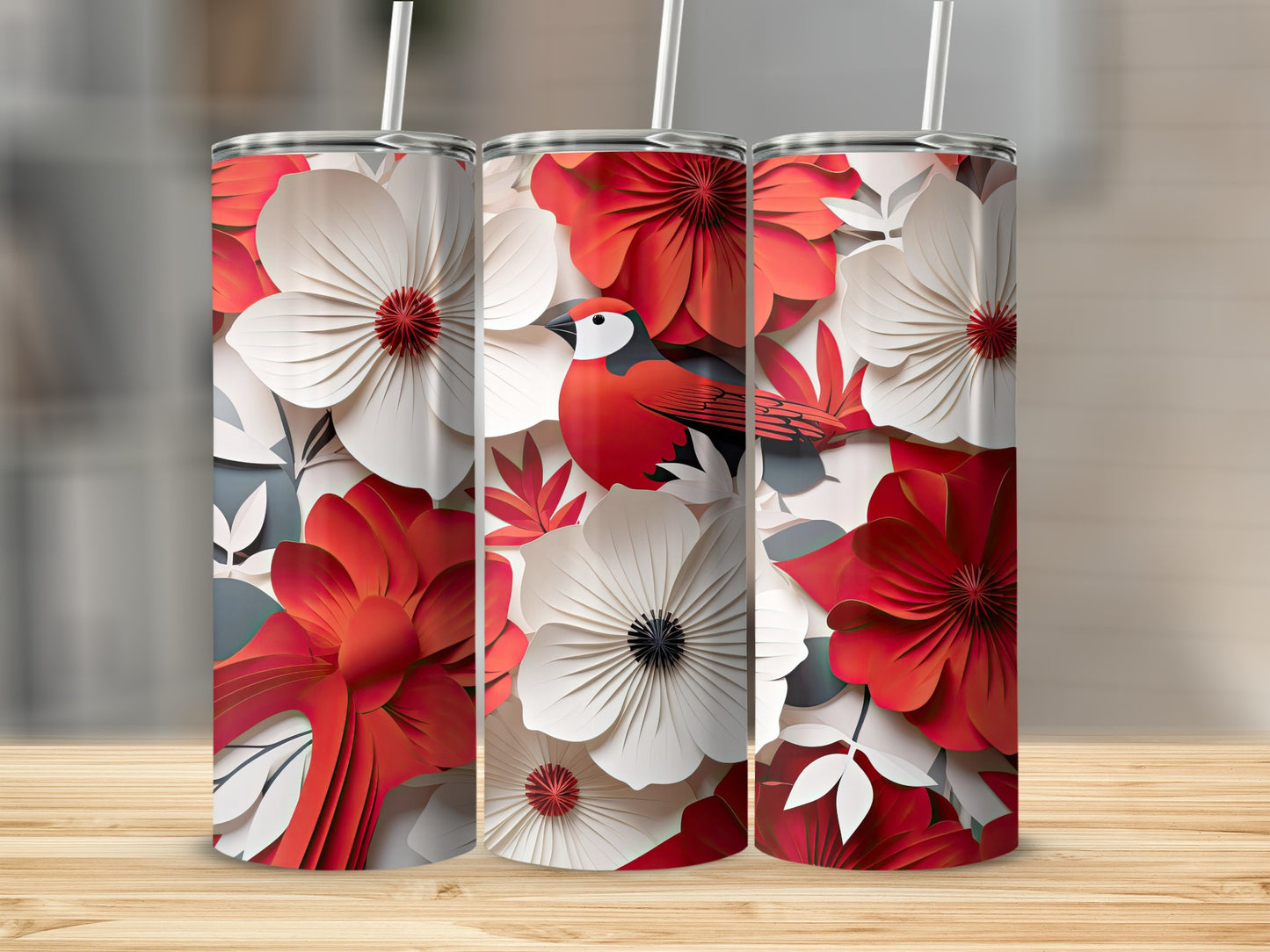 Red And White Floral Bird Patterned Drinkware Set