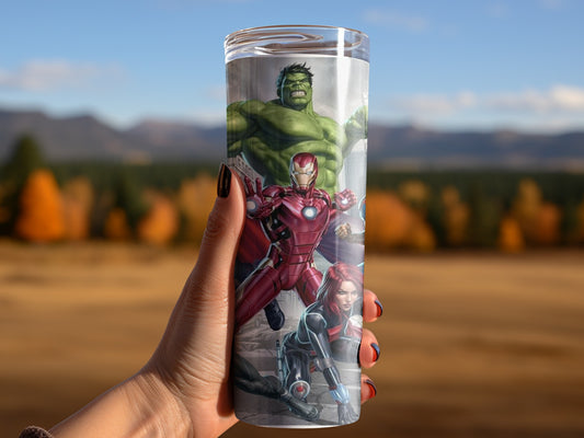 Assembled Avengers on Cityscape Background Design Tumblers