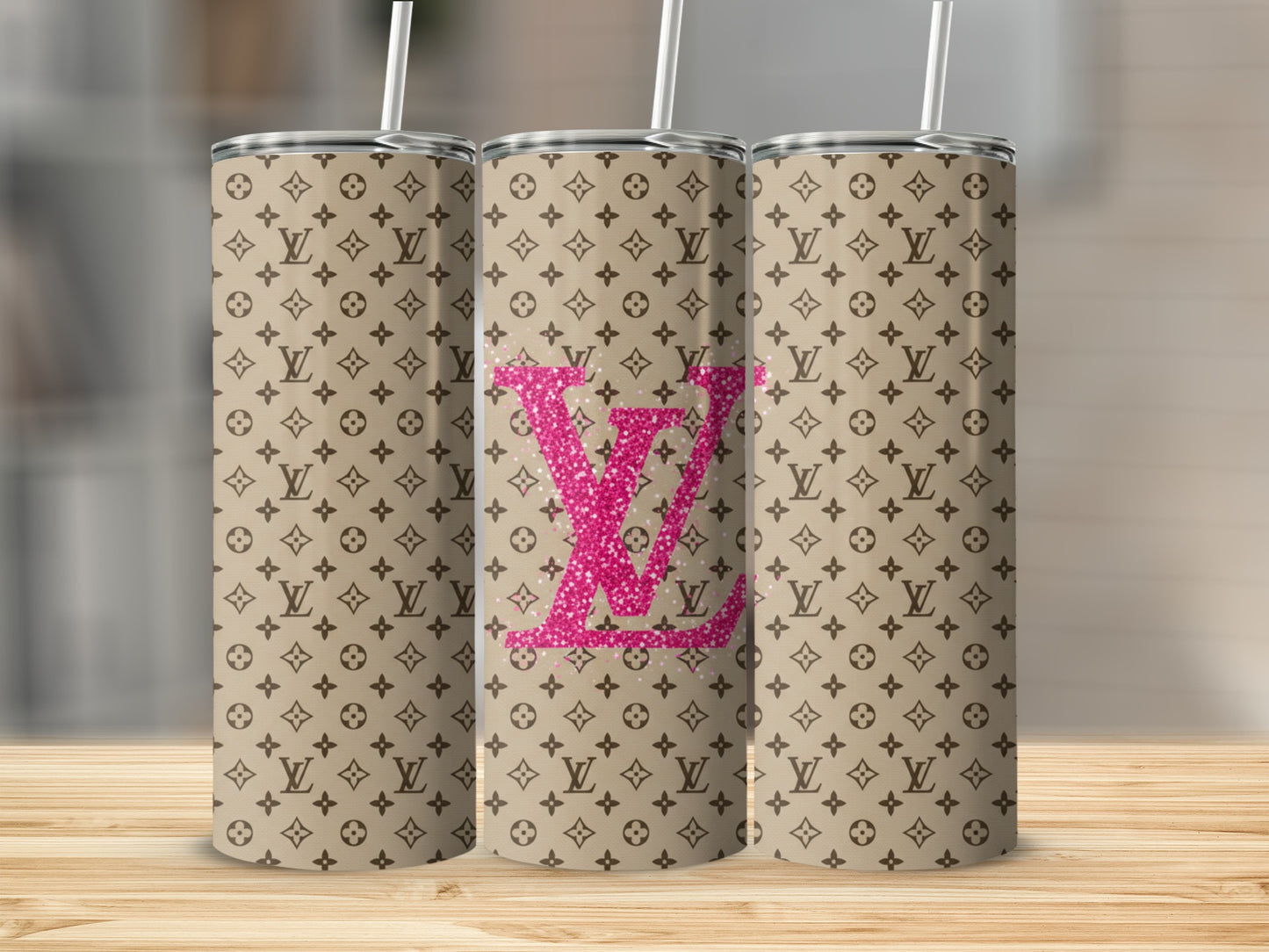 Glitter LV Pattern In Pink On Brown Tumblers