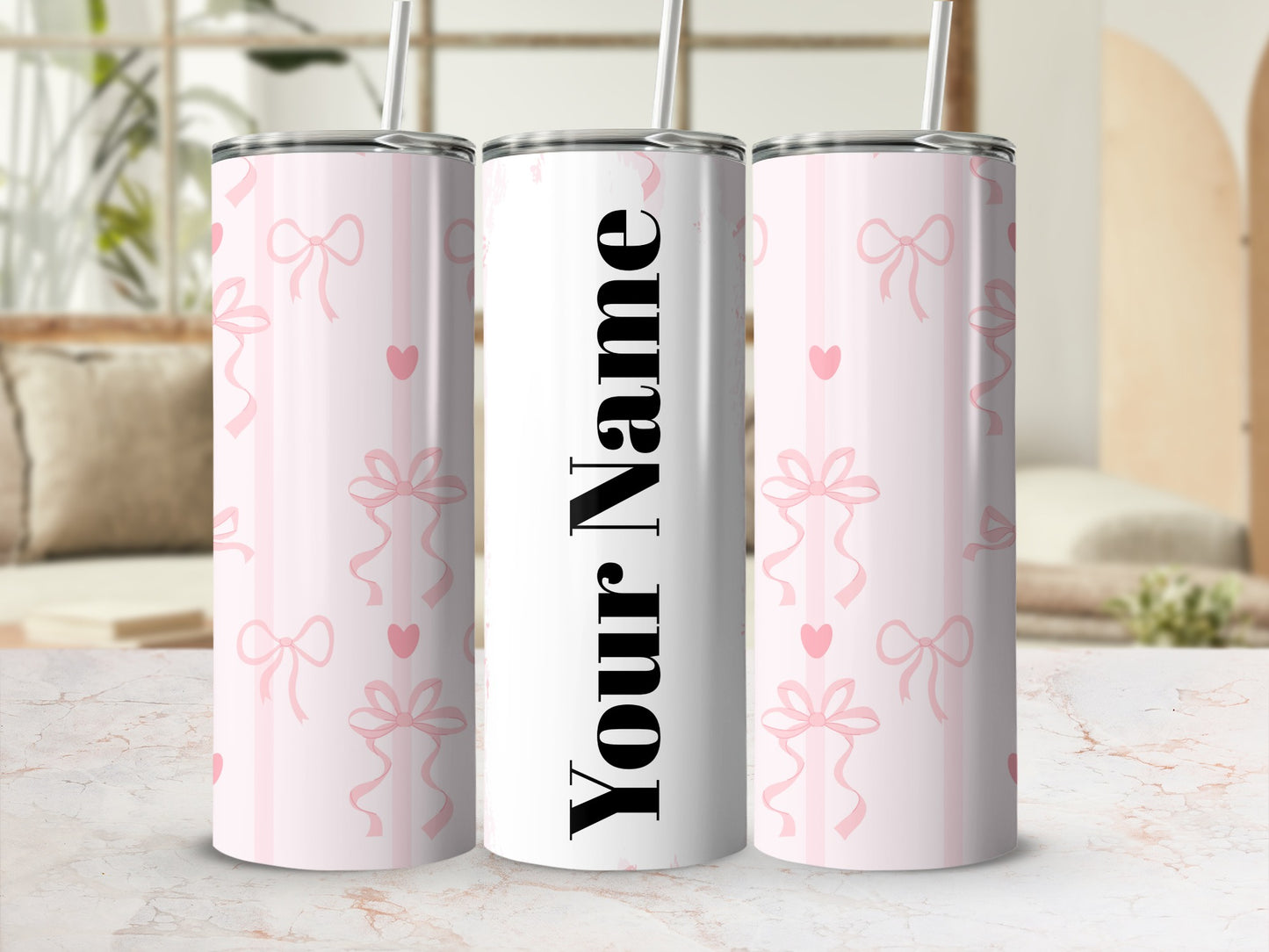 Personalized Pink Bow and Heart Design Tumbler