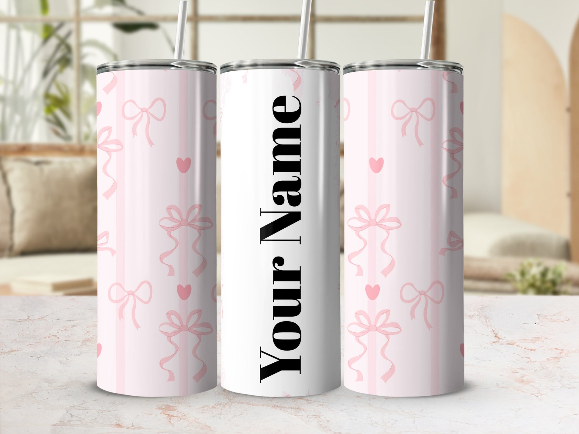 Personalized Pink Bow and Heart Design Tumbler