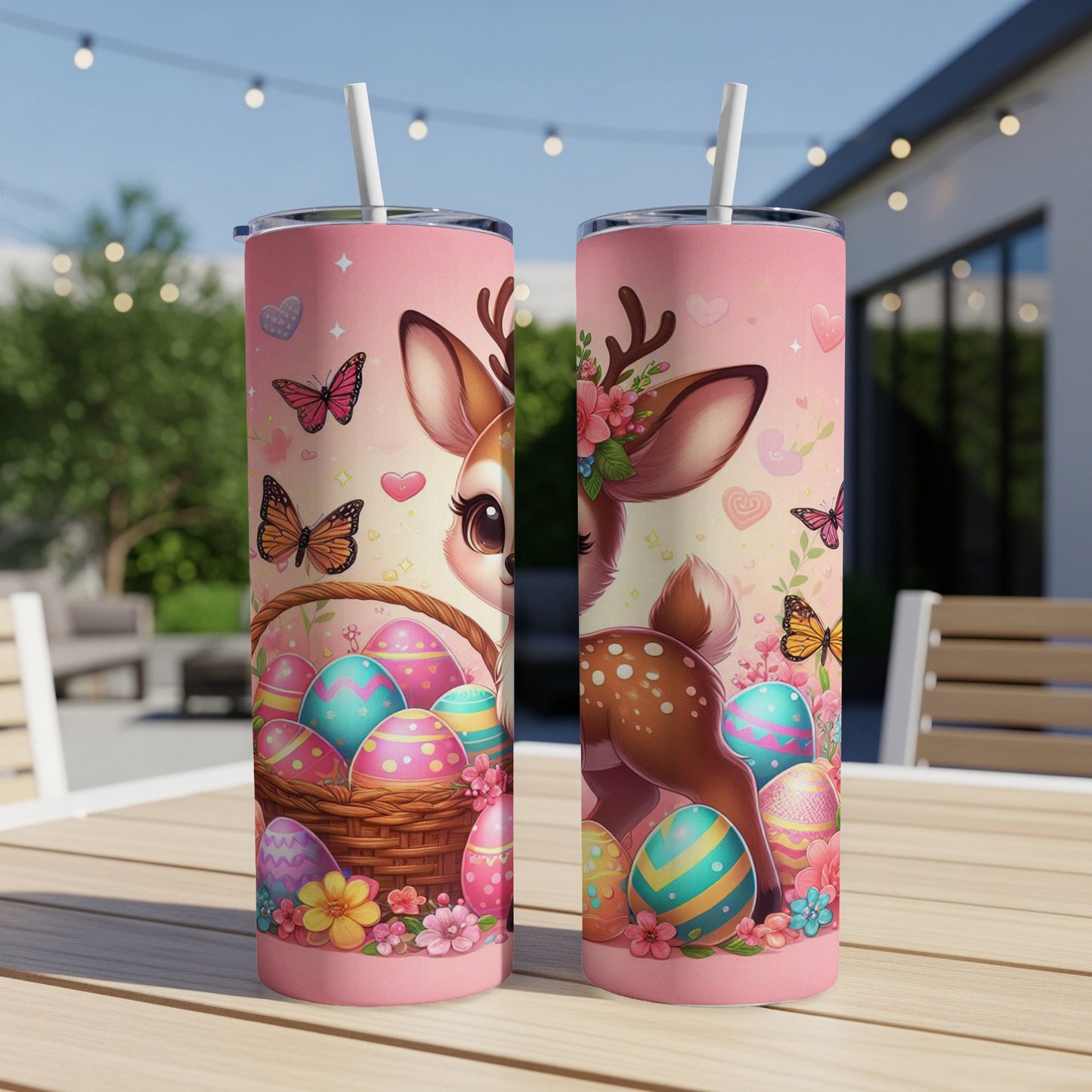 Pink Easter tumbler with deer, basket of decorated eggs, butterflies, and flowers.