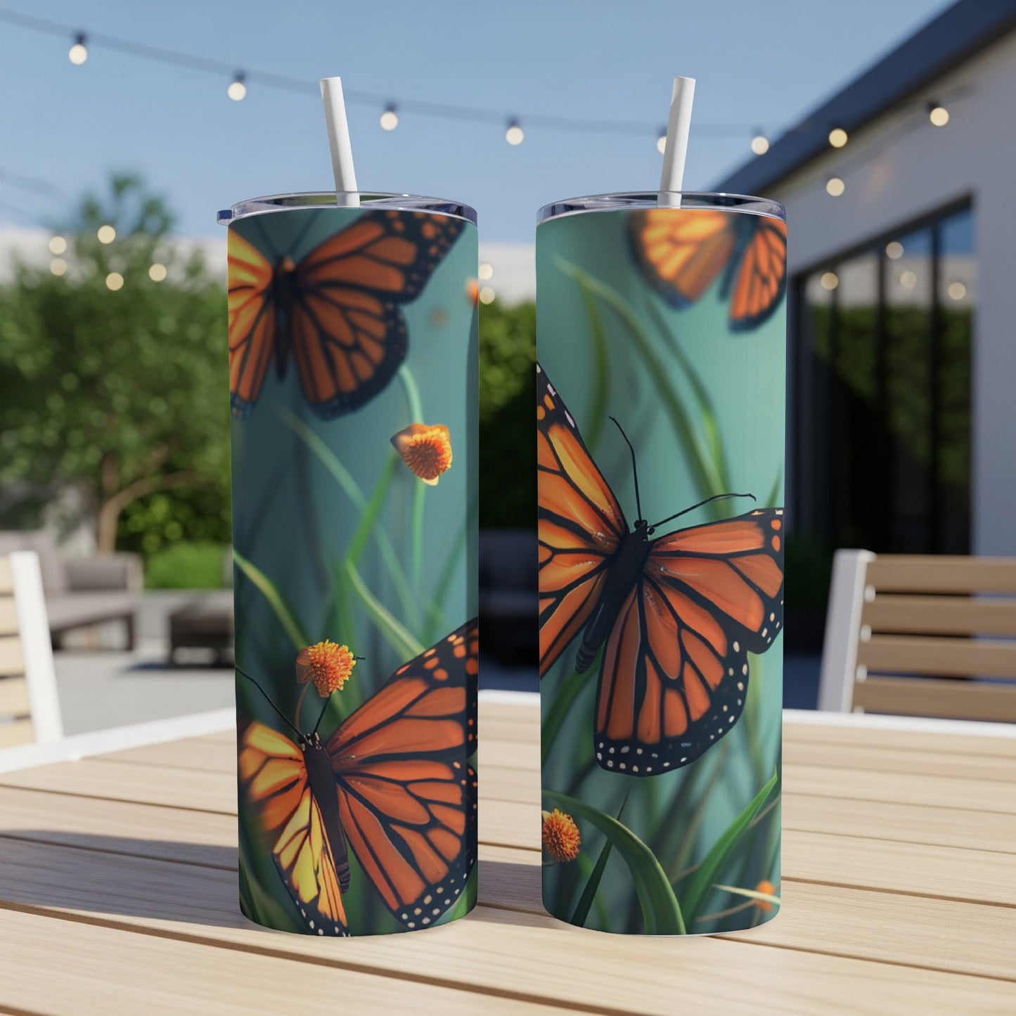 Two tumblers with monarch butterflies and green foliage design.