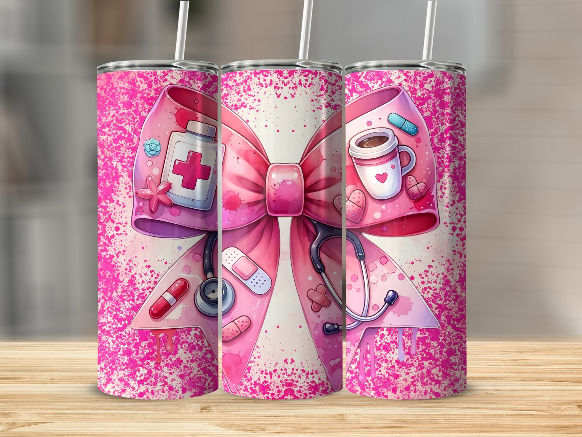 Cute Pink Nurse Theme Tumbler with Medical Icons