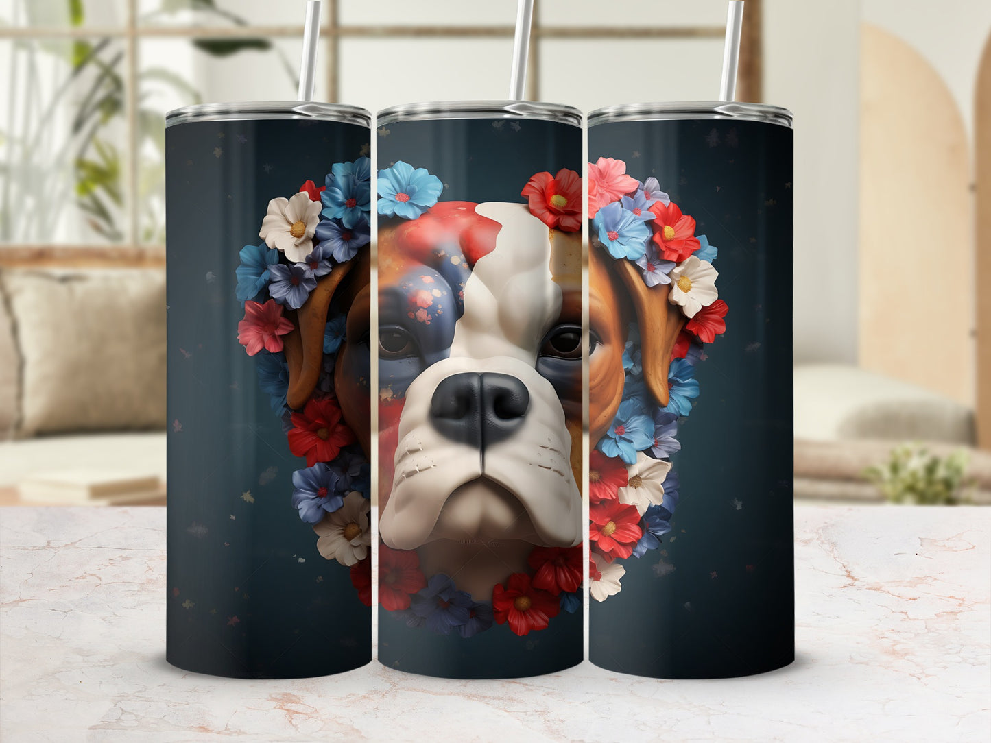 Boxer dog face decorated with red, white, and blue flowers.