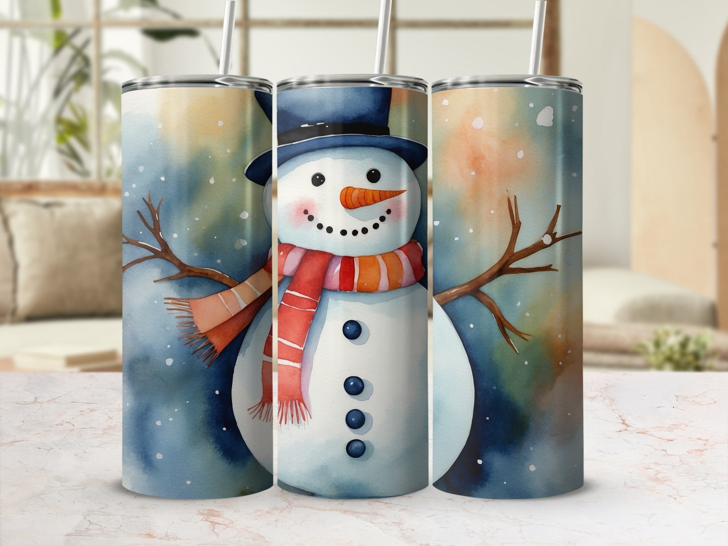 Watercolor snowman with a black hat and red scarf on a snowy background.
