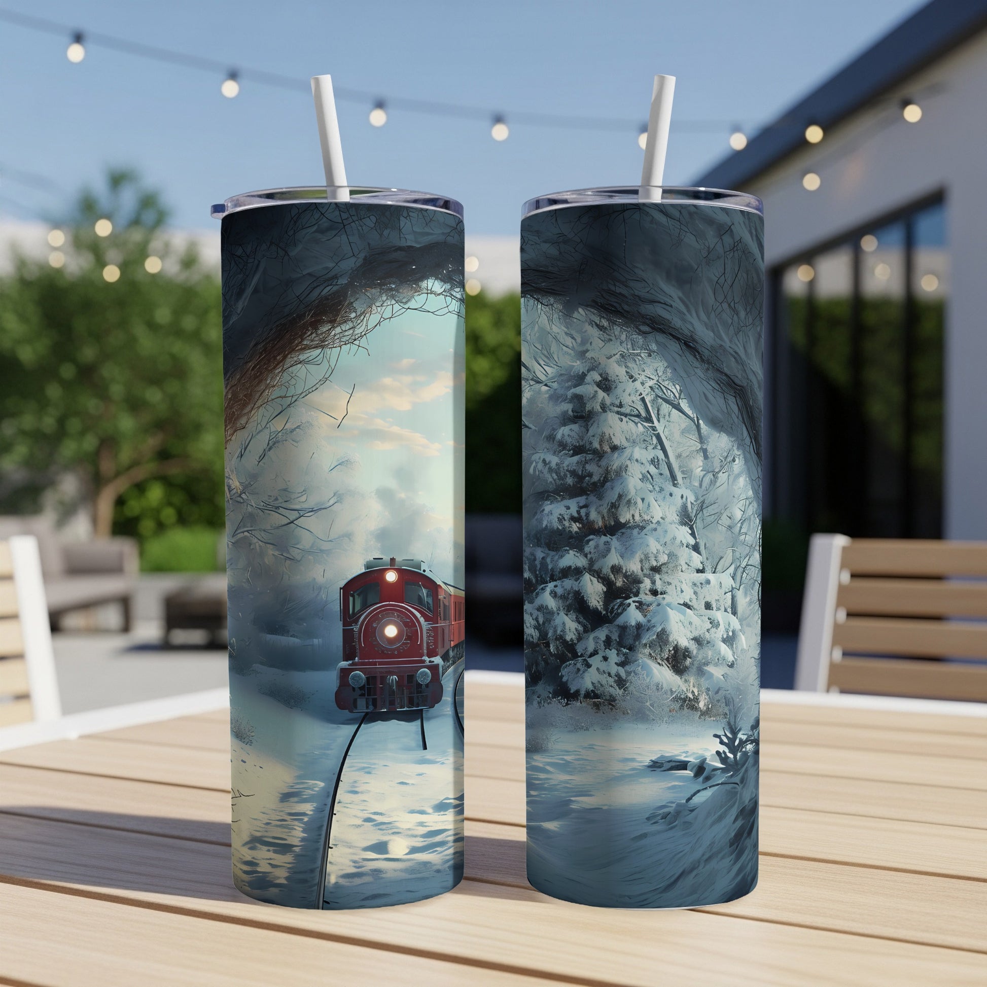 Red steam train in snowy forest scene on two tumblers.