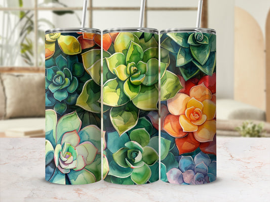 Three tumblers with colorful succulent floral patterns.