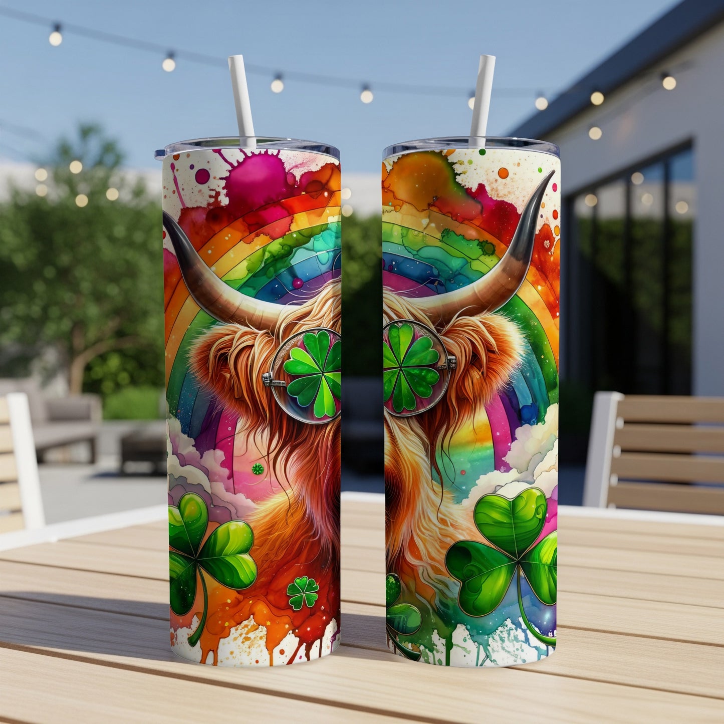 Highland cow with rainbow and shamrock sunglasses on colorful tumbler.