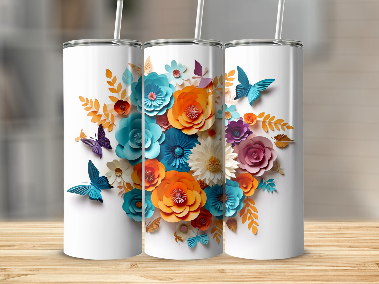 Colorful Floral and Butterfly Design Tumbler