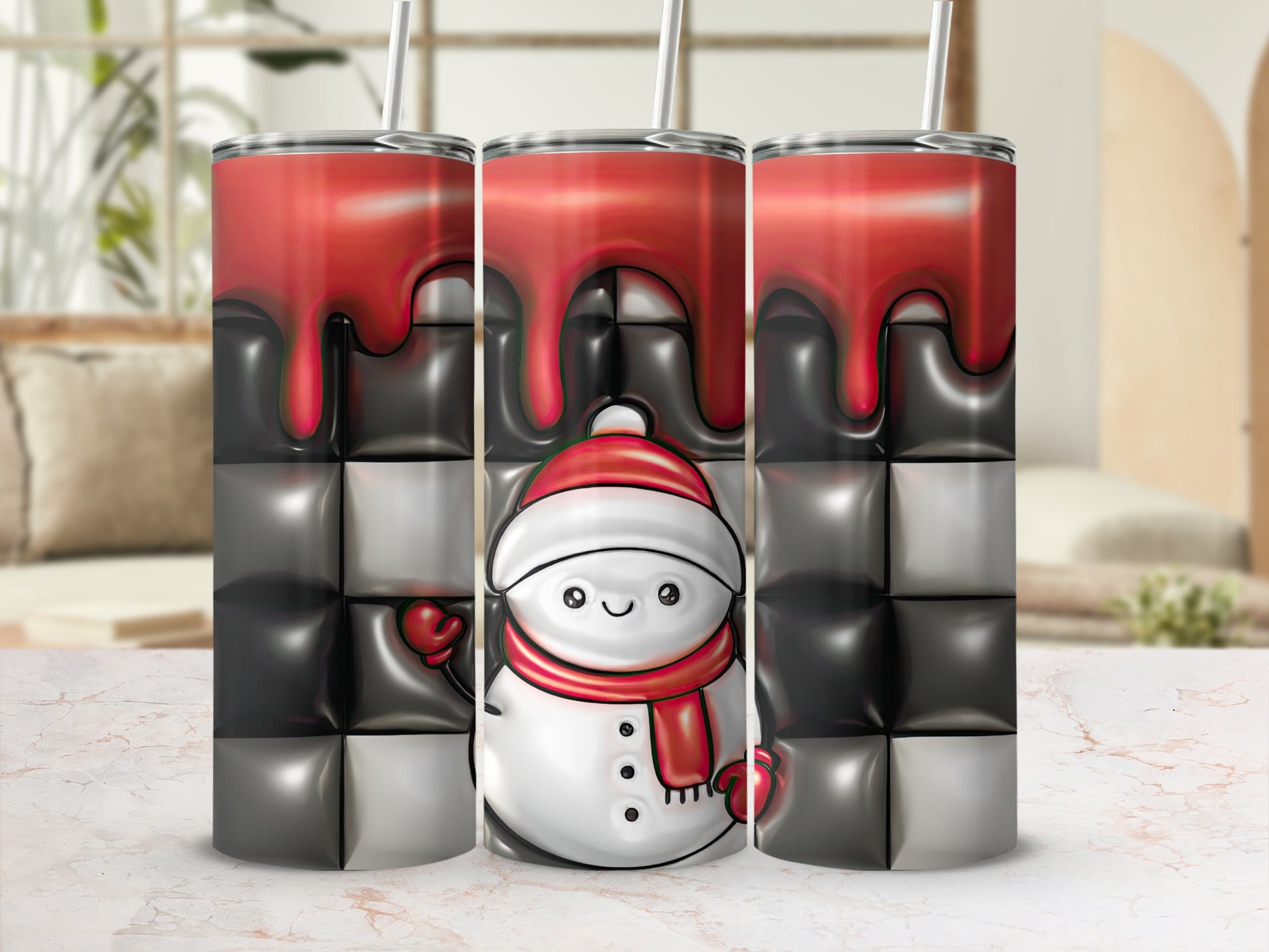 Festive Snowman Tumbler with Red Dripping Design
