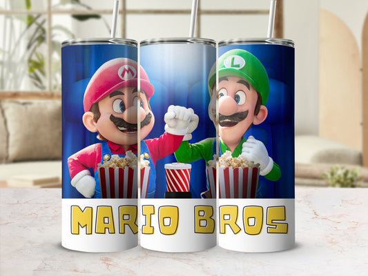 Mario Bros Characters with Popcorn on Tumblers
