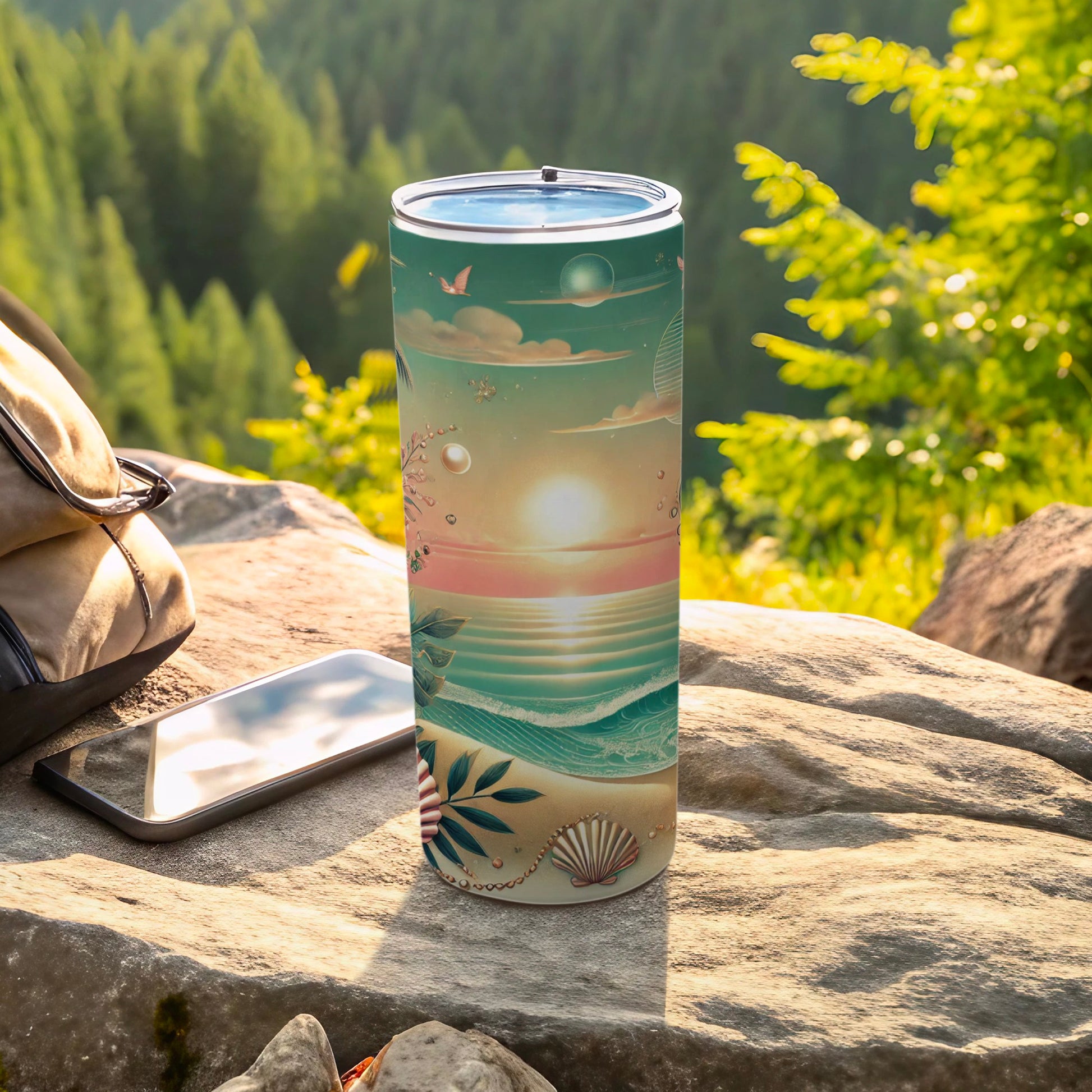 Beach sunset scene on a tall, slim tumbler next to a phone and bag.