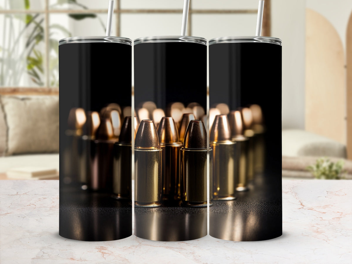 Tumbler with a pattern of brass bullet casings arranged in rows.
