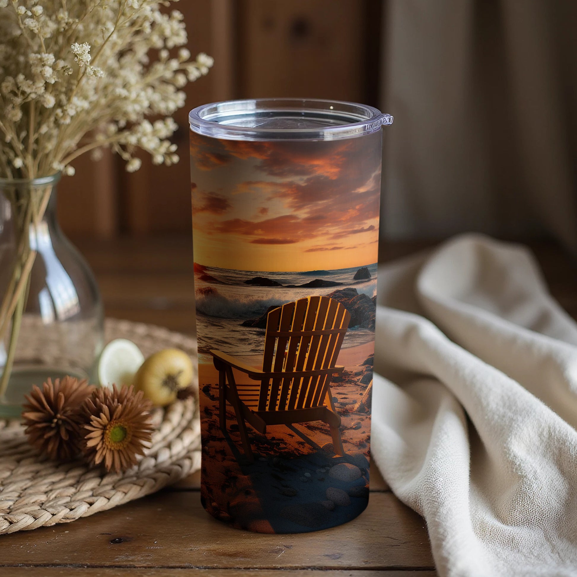 Scenic Beach Sunset Tumbler with Adorable Chair Design