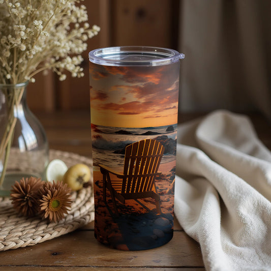 Scenic Beach Sunset Tumbler with Adorable Chair Design