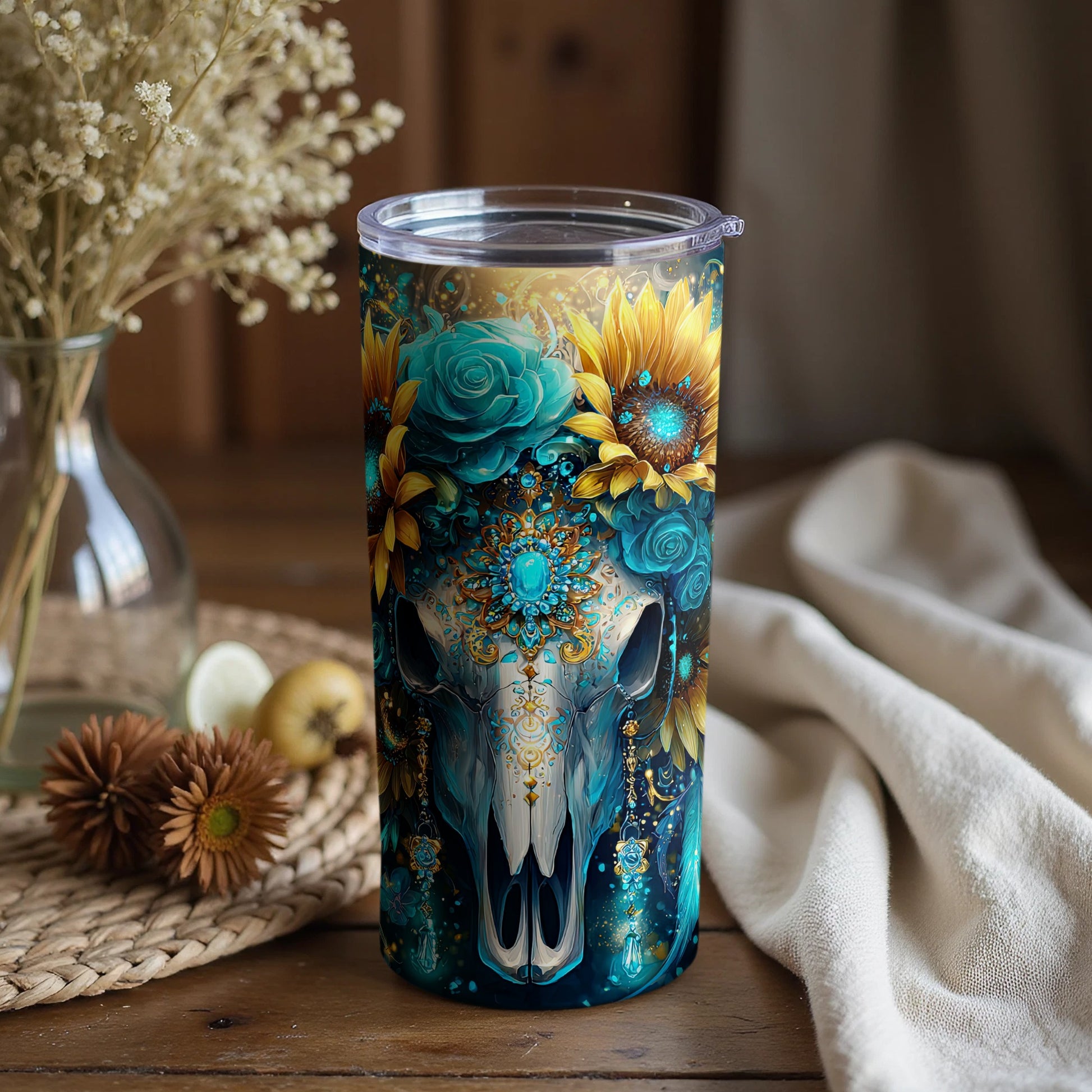 Colorful Skull Floral Design Stainless Steel Tumbler