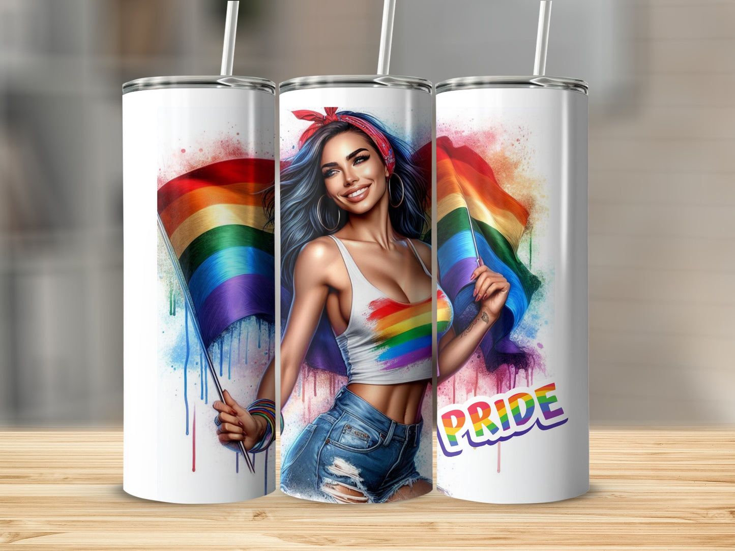 Woman with rainbow flag and "Pride" text on a tumbler.