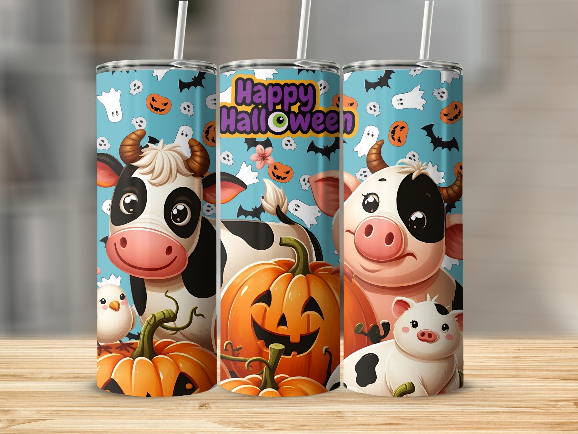 Happy Halloween Cow and Pumpkin Tumbler Cup