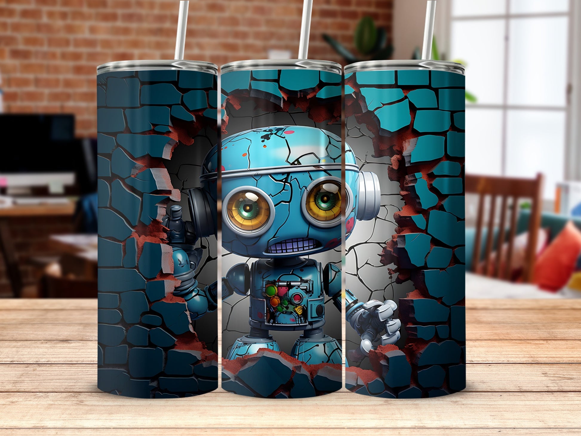 Cute Robot Breaking Through Wall Art Design tumbler
