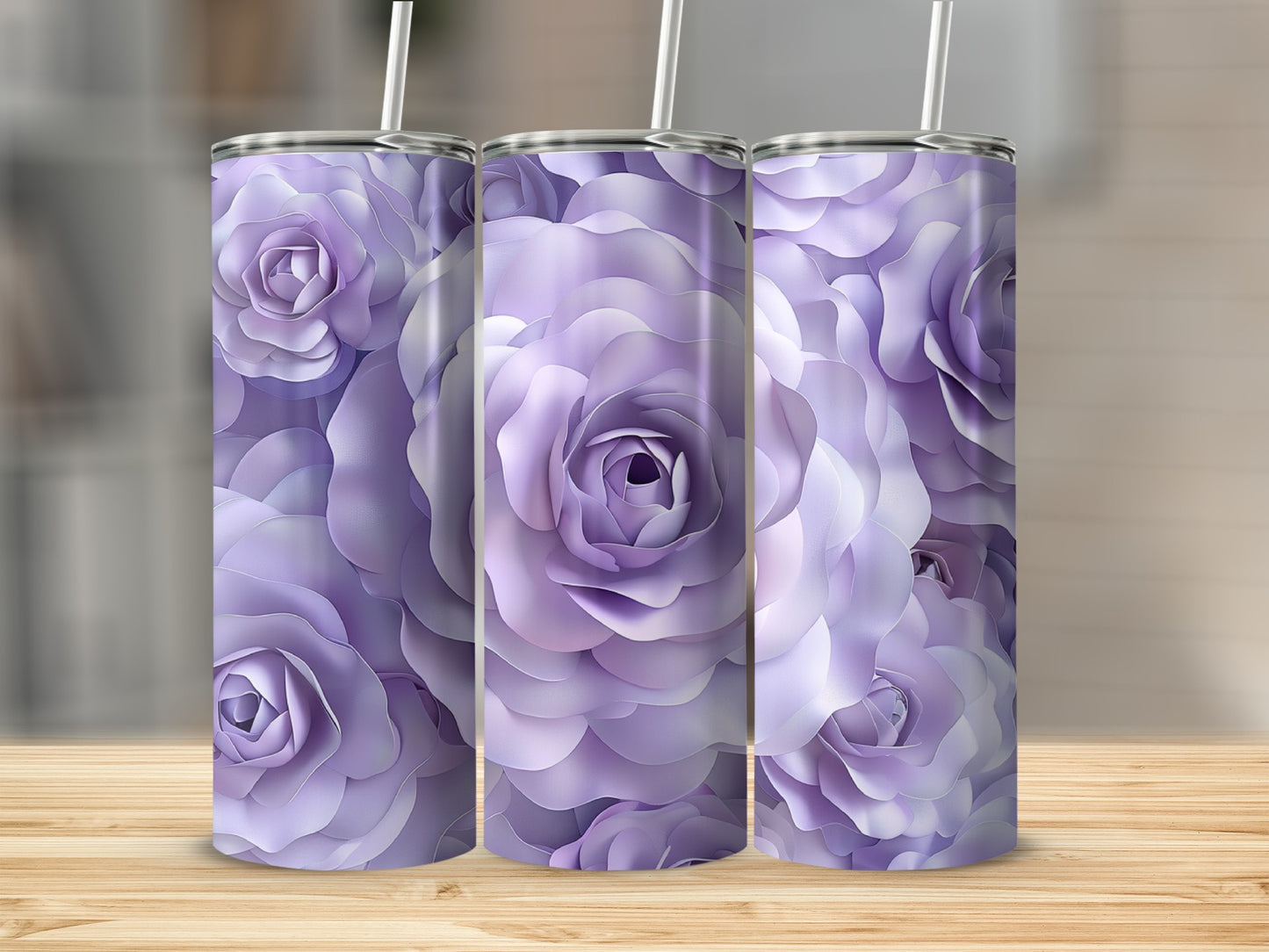 Three tall tumblers with realistic purple rose patterns on a wooden surface.