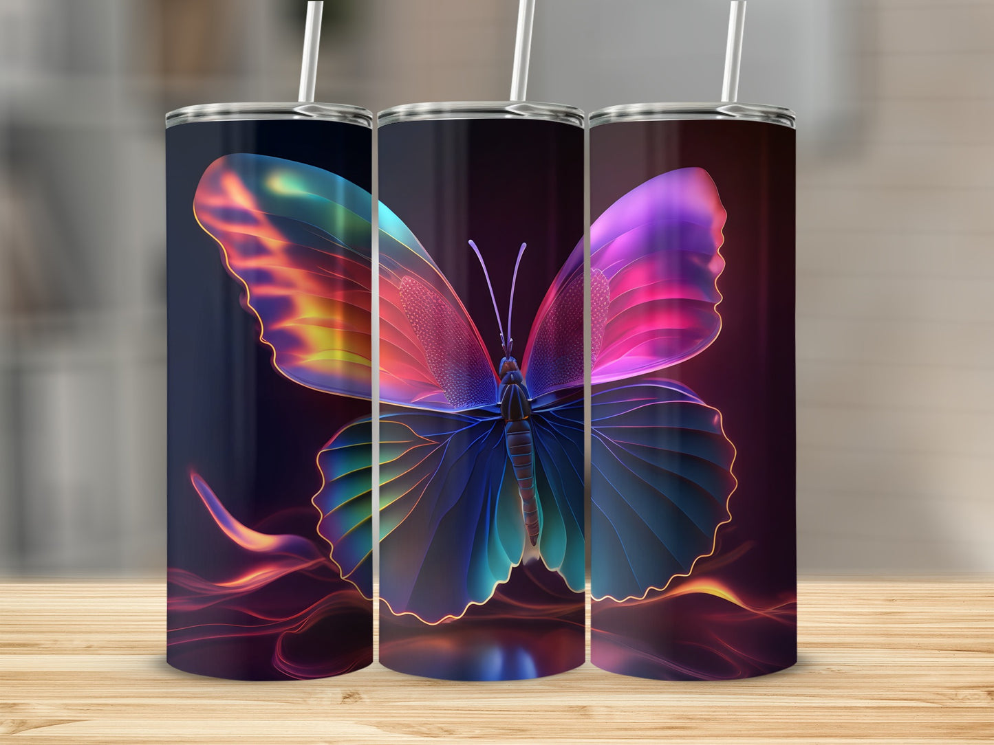 Three tumblers with a colorful, translucent butterfly design.