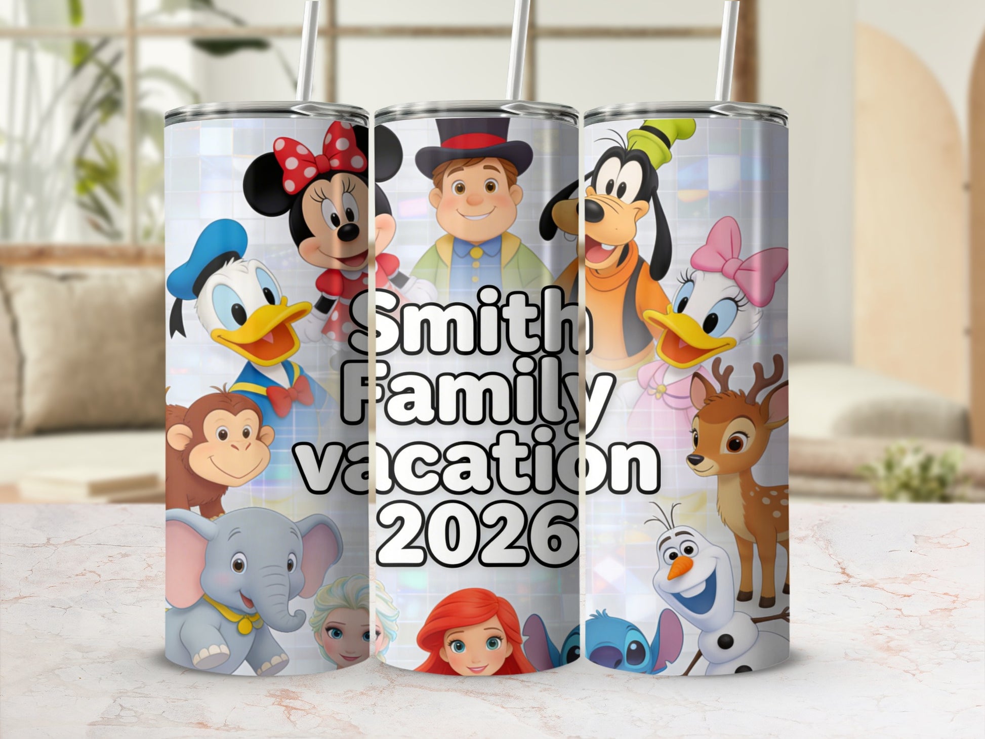 Disney characters on a tumbler with "Smith Family Vacation 2026" text.
