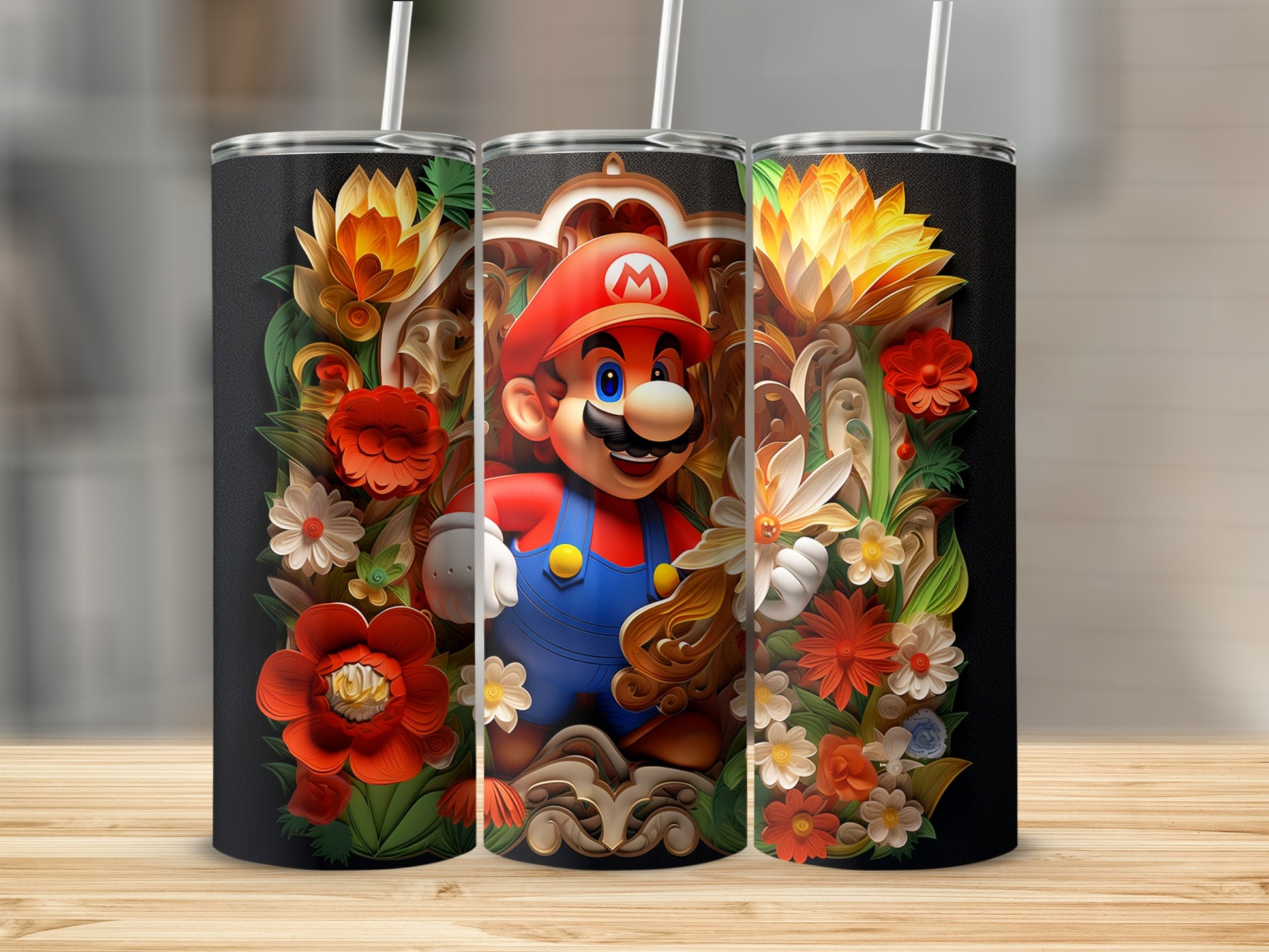 Colorful Mario and Floral Design Tumbler Cup