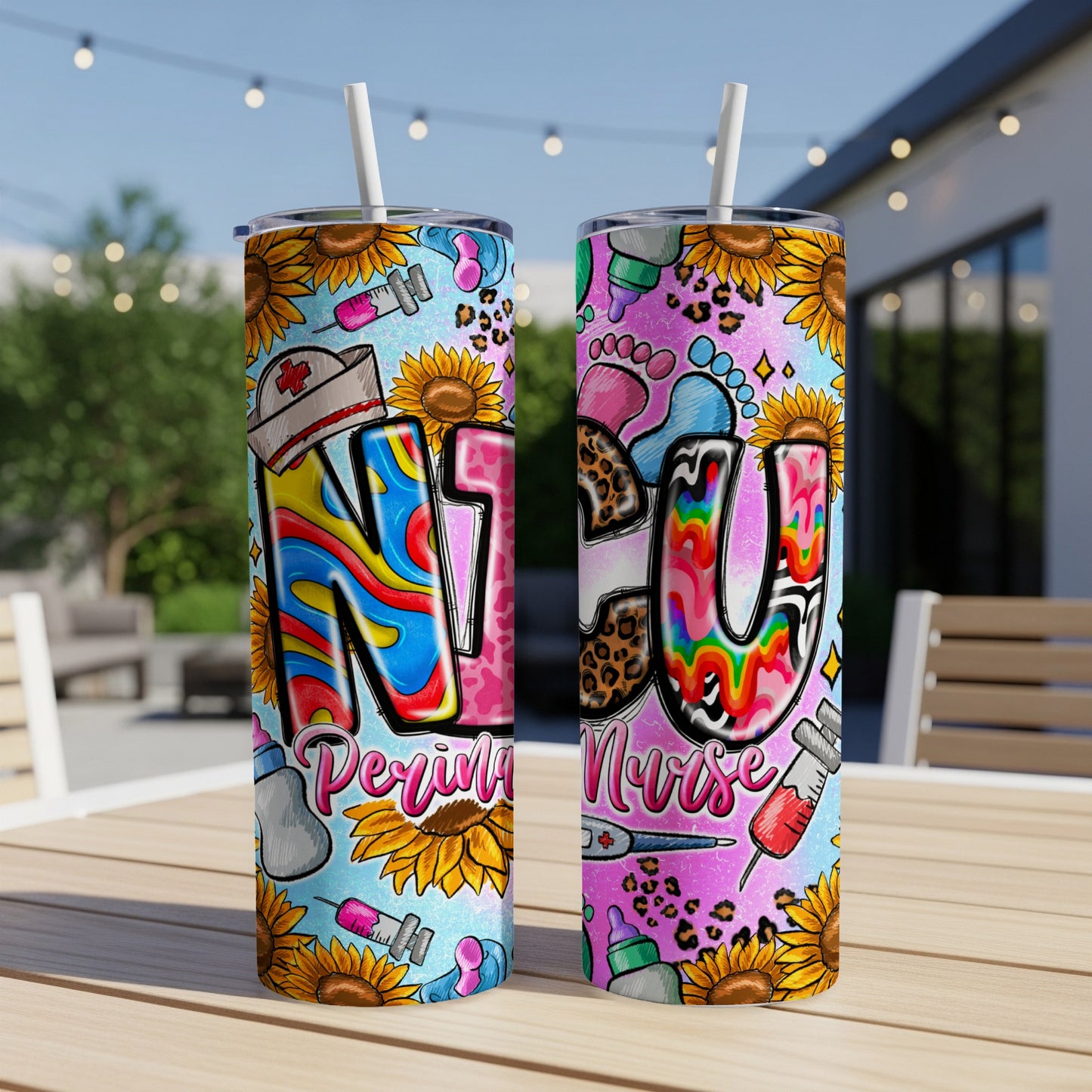 Colorful "ICU Per Diem Nurse" tumbler with medical and floral designs.