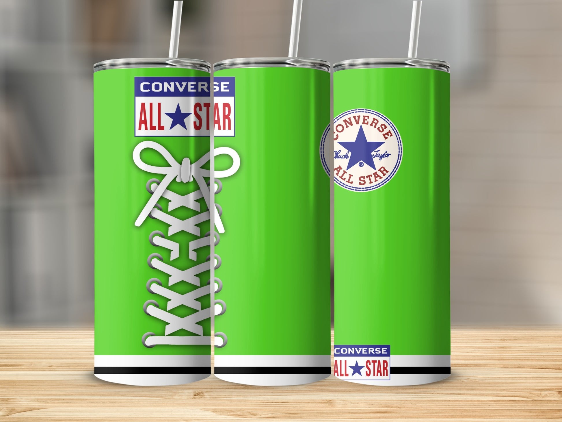 Green Converse tumbler with white laces and star logo.