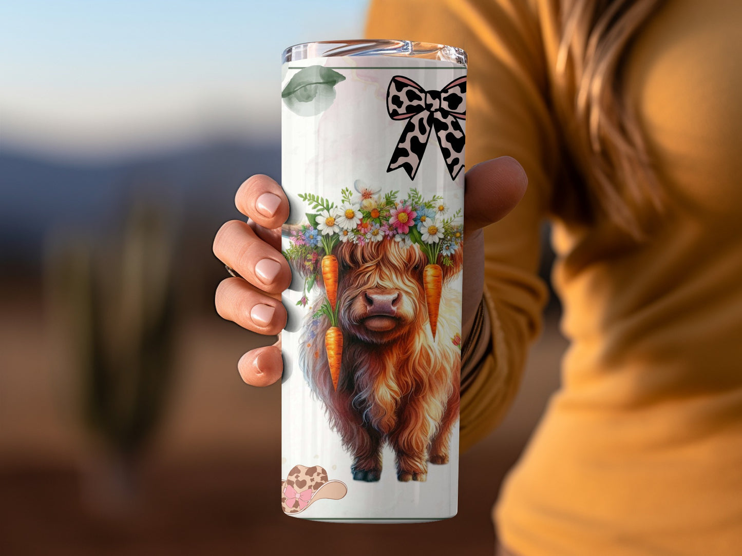 Floral Cow with Carrots Design Travel Tumbler Cup