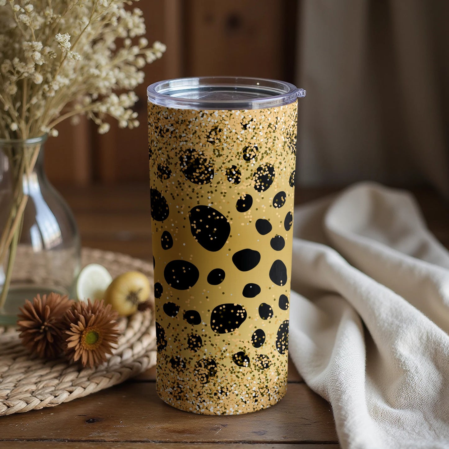 Spotted Glittering Yellow Patterned Tumbler with Lid