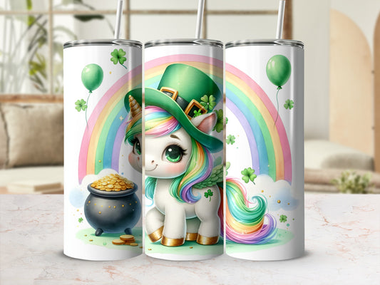 St. Patrick's Day unicorn with rainbow, pot of gold, and shamrocks on a tumbler.