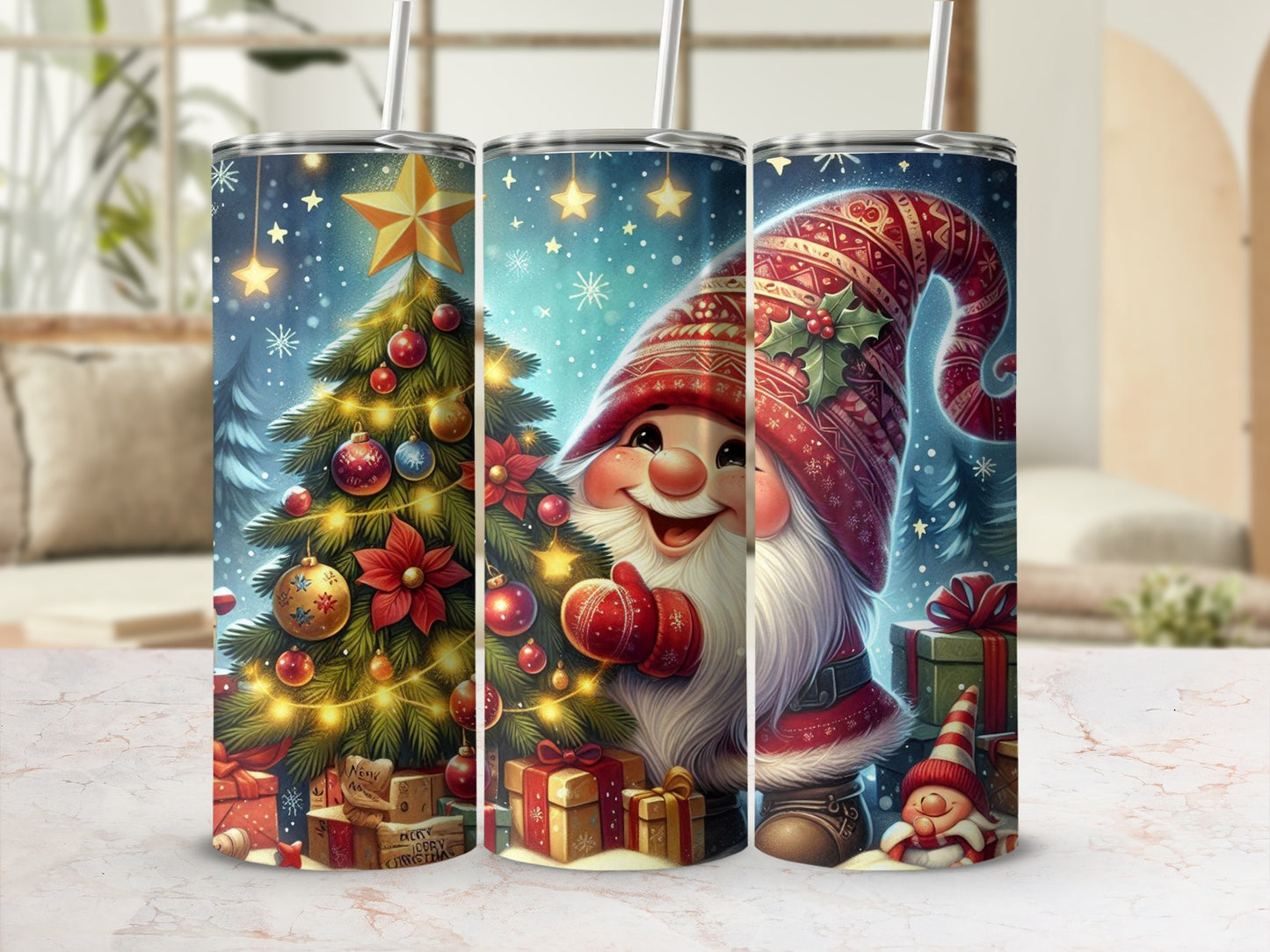 Christmas gnome with presents and decorated tree on a festive tumbler.