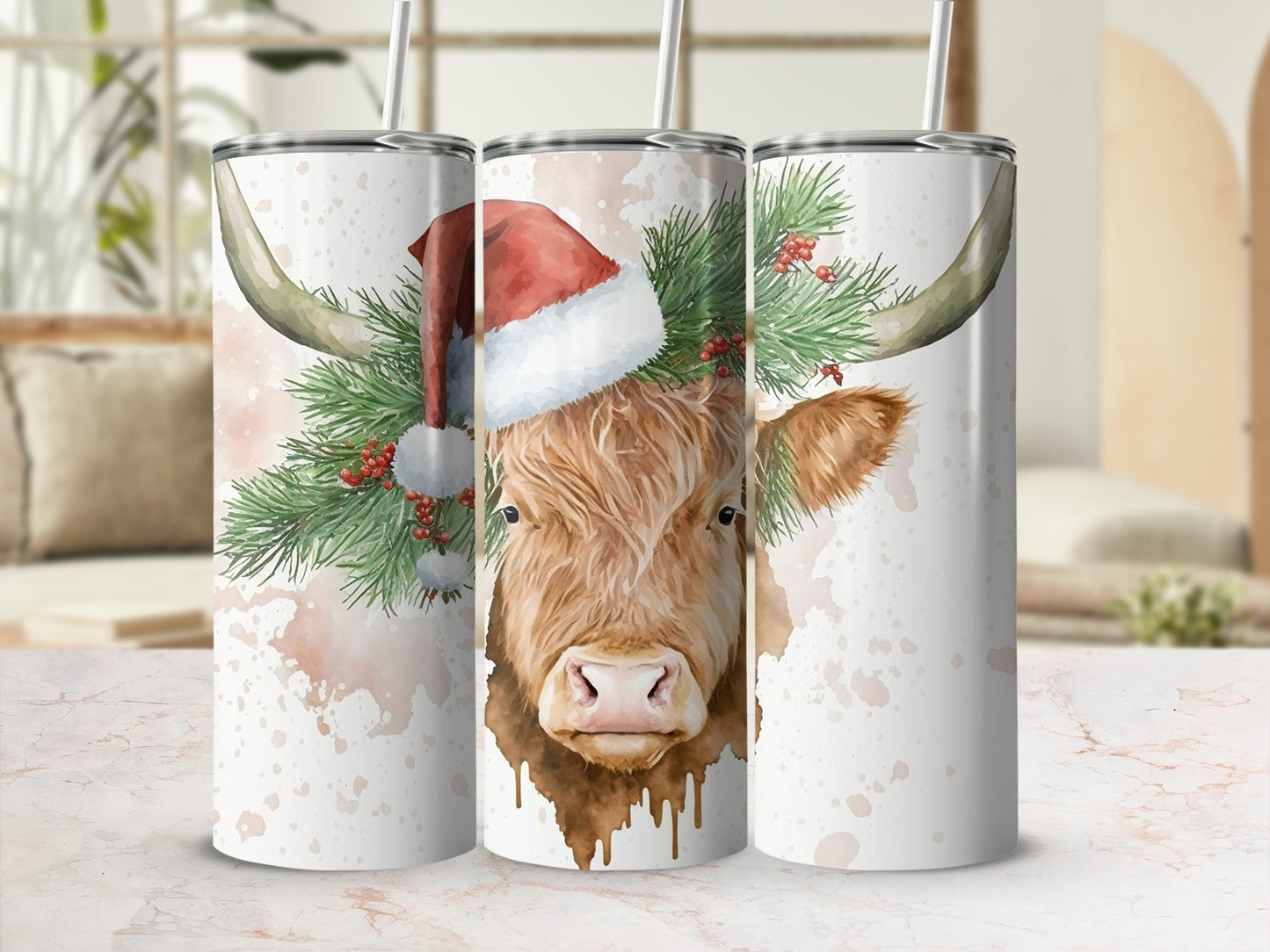Highland cow wearing Santa hat with pine sprigs and berries on a tumbler.