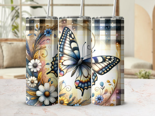 Triptych of tumblers with butterflies and floral patterns on a checkered background.