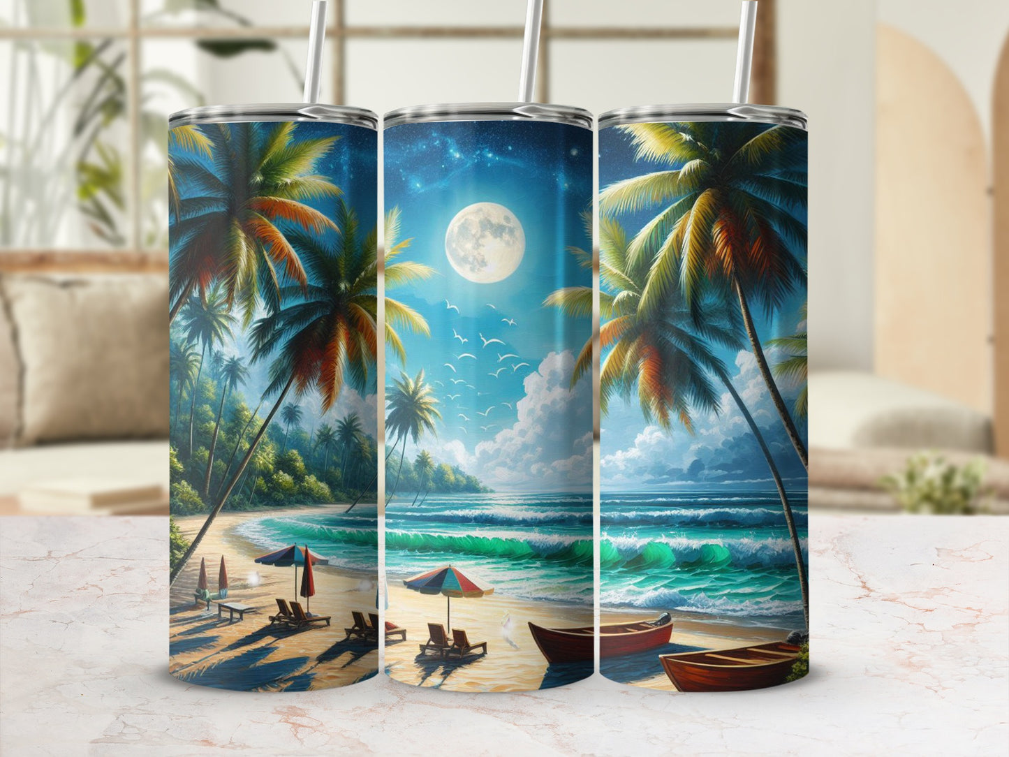 Beach scene with palm trees, ocean waves, moon, and boats.