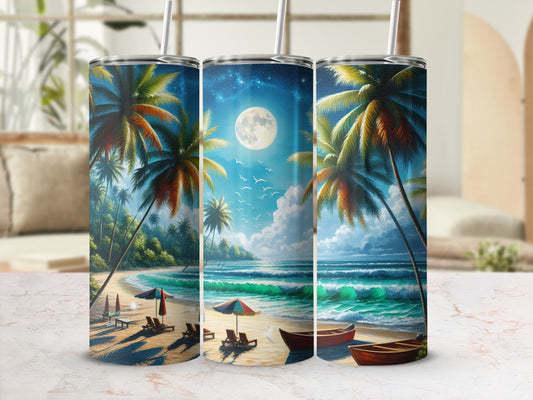 Beach scene with palm trees, ocean waves, moon, and boats.
