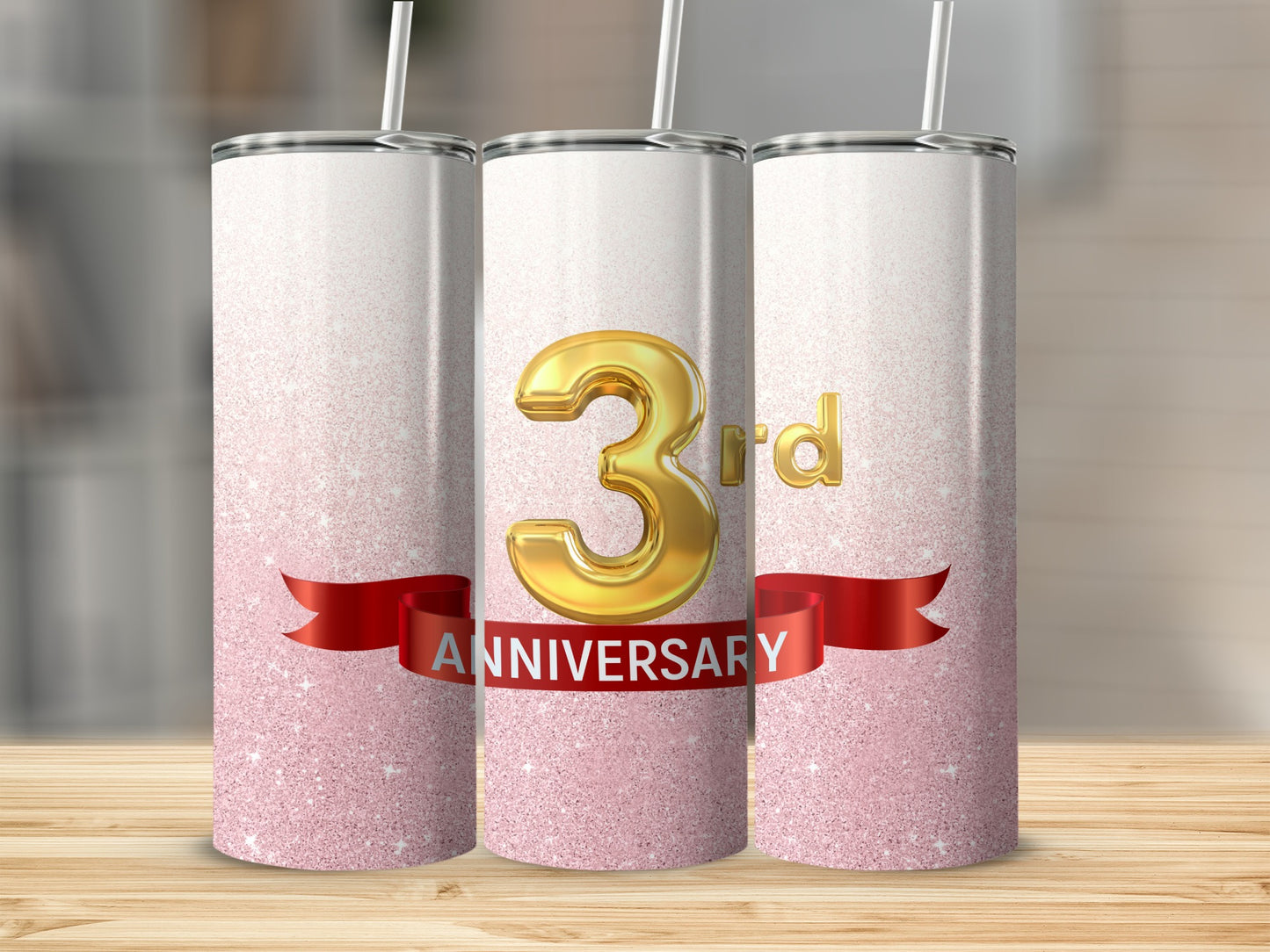 Gold "3rd" on glitter tumbler with red "ANNIVERSARY" ribbon.