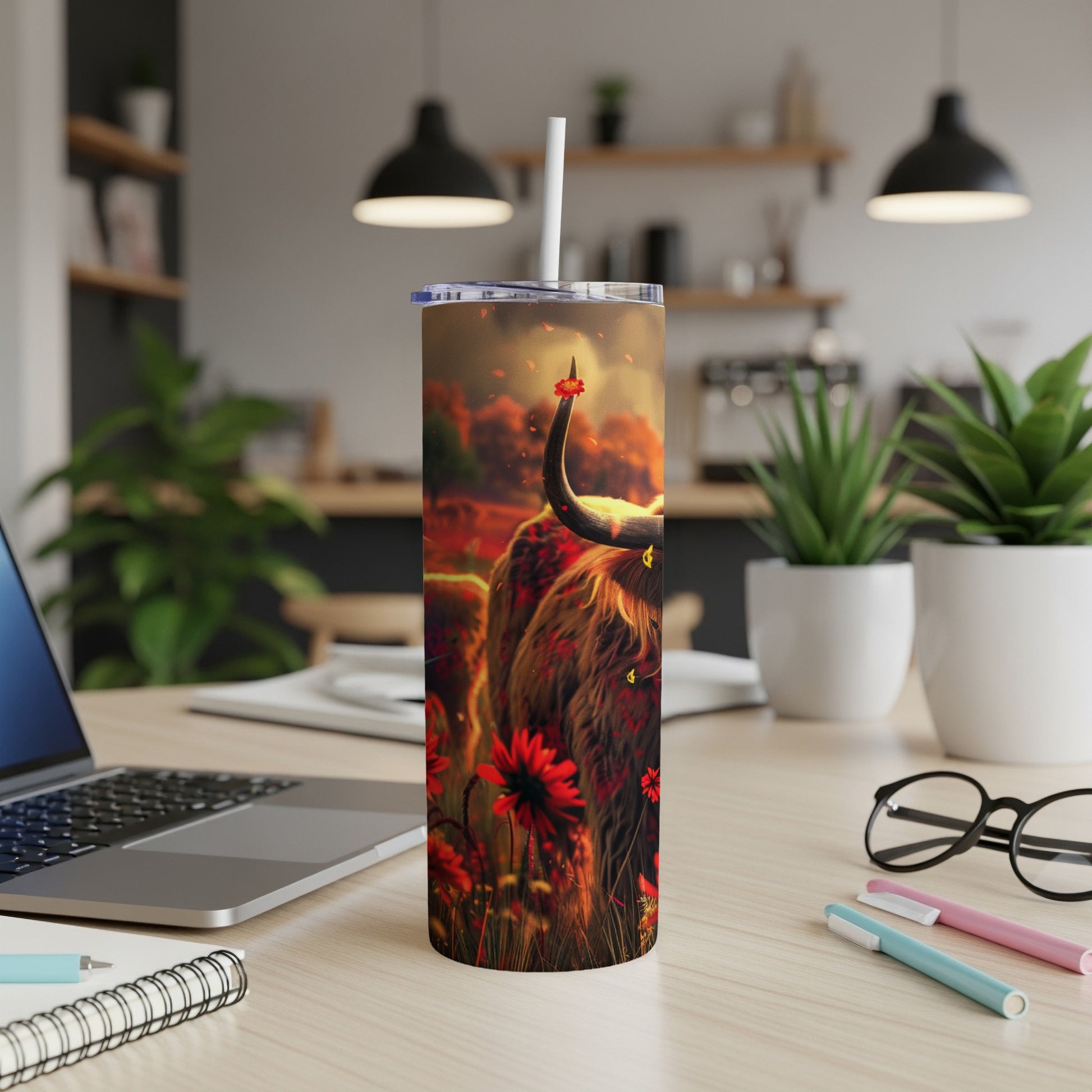Highland cow illustration on a tumbler with red flowers and autumn foliage.