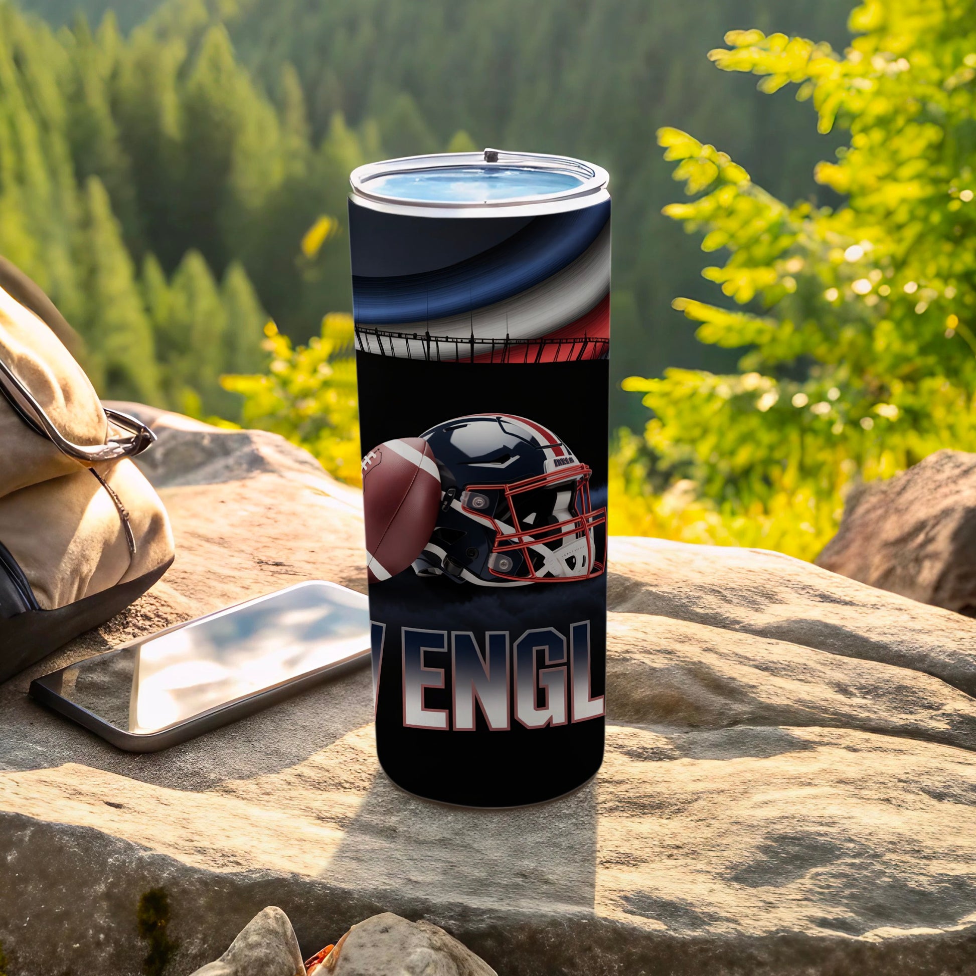 New England Patriots helmet and football on a tumbler.