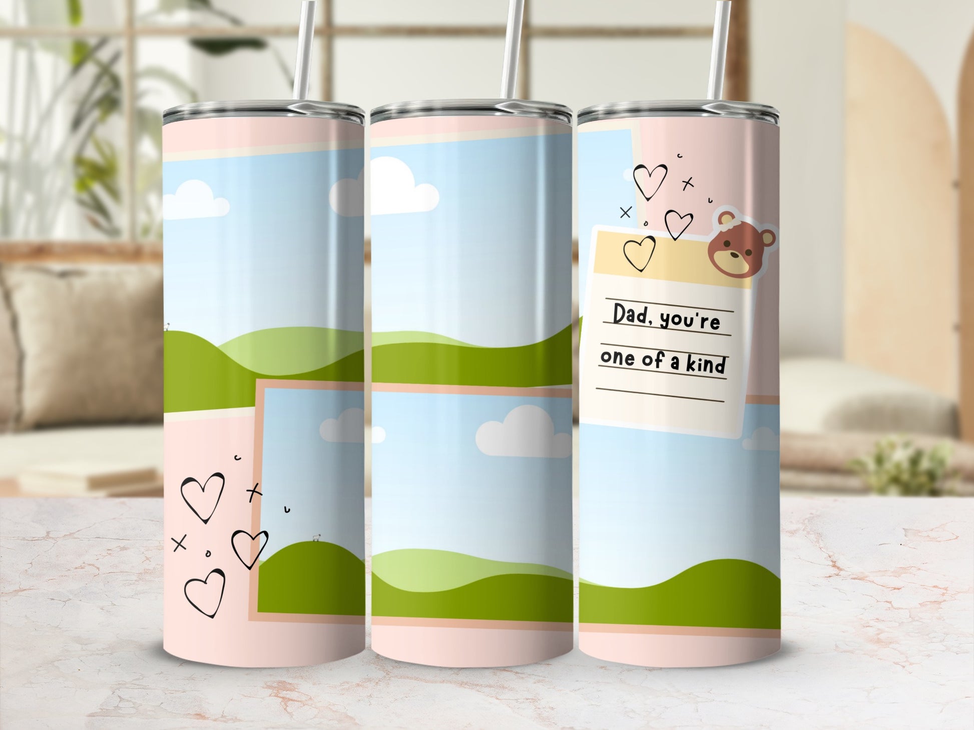 Tumbler with landscape design and "Dad, you're one of a kind" text.