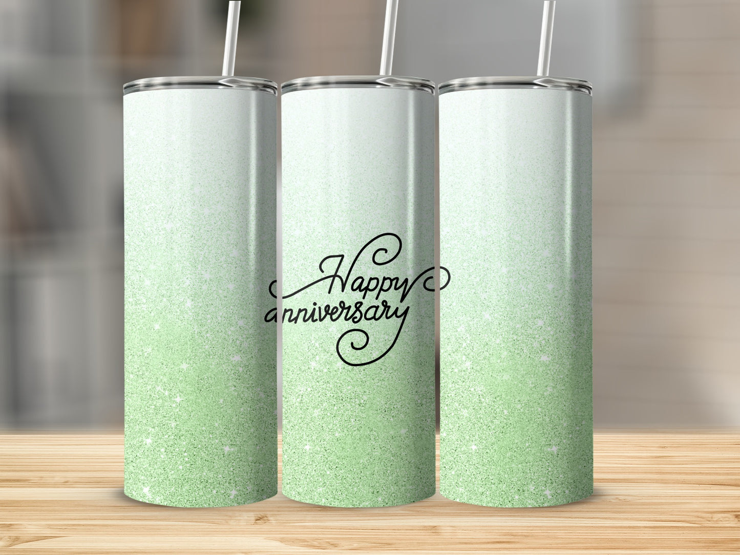 Three tall tumblers with green glitter gradient and "Happy Anniversary" text.
