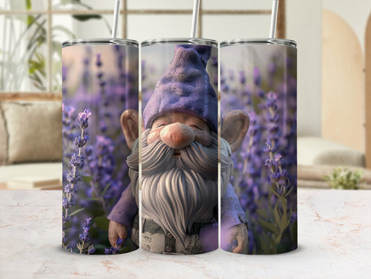 Happy gnome with purple hat and beard, surrounded by lavender flowers.