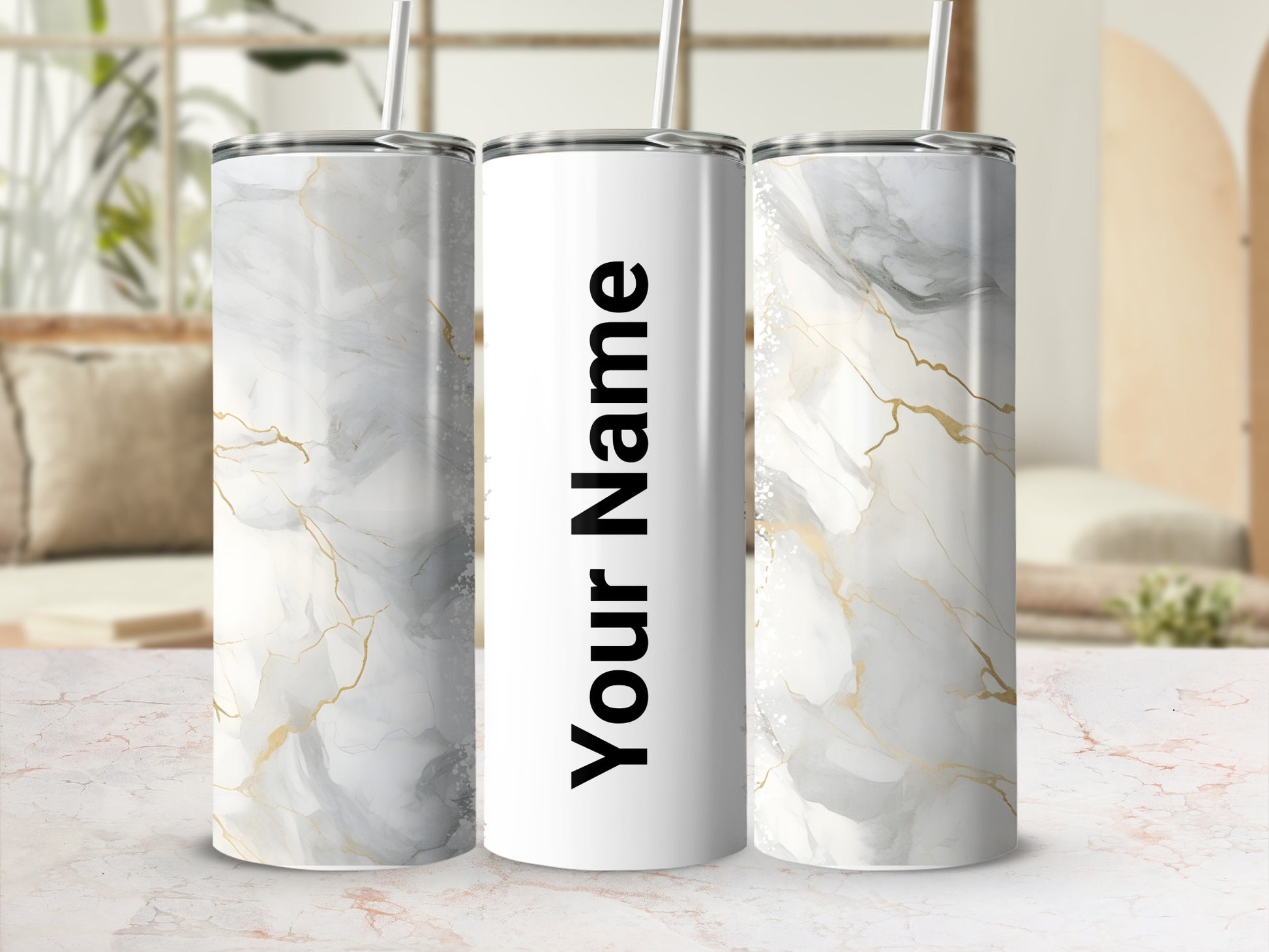 Personalized Marble Design Insulated Tumbler with Straw